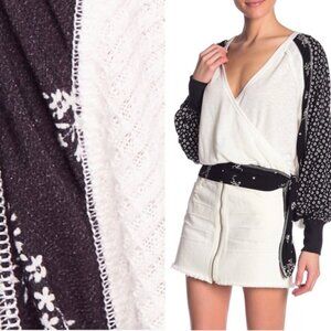 Free People Auxton Thermal Tie Waist Long Sleeve Shirt Top Ivory Black Medium